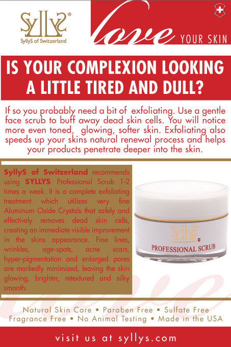 A red and white looking pamphlet with the image of SyllyS's professional scrub with an explanation of wha exfoliating does and the specific benefits of what is and using Sylly's Professional Facial Scrub